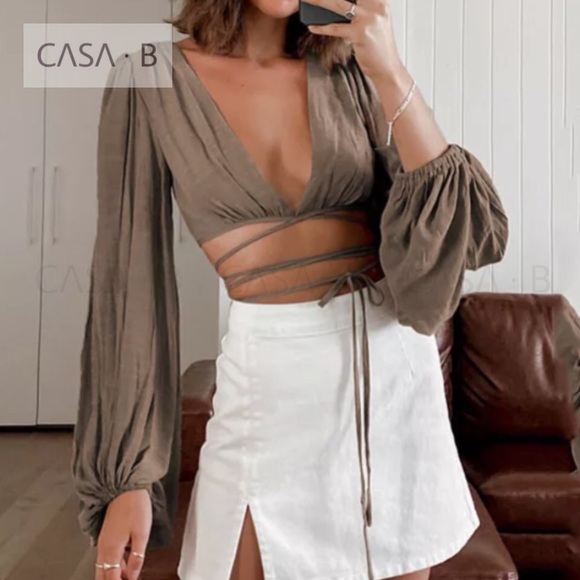 SOLD OUT💔CASA B | Marielle Big Sleeve Wrap Tie Crop Blouson Top in T… - Picture 5 of 6